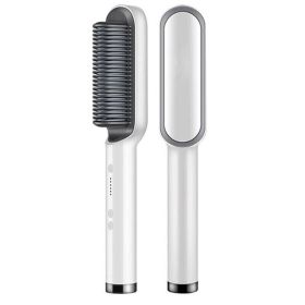 Hair Straightener Brush Straightening Curler Hot Comb Electric Adjustable Heat (Straightener Color: White)