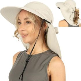 Wide Brim Sun Hat with Neck Flap, UPF50+ Hiking Safari Fishing Hat for Men Women, Sun Protection Beach Hat (Color: Beige With Bow)