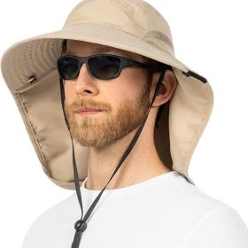 Wide Brim Sun Hat with Neck Flap, UPF50+ Hiking Safari Fishing Hat for Men Women, Sun Protection Beach Hat (Color: Tan)